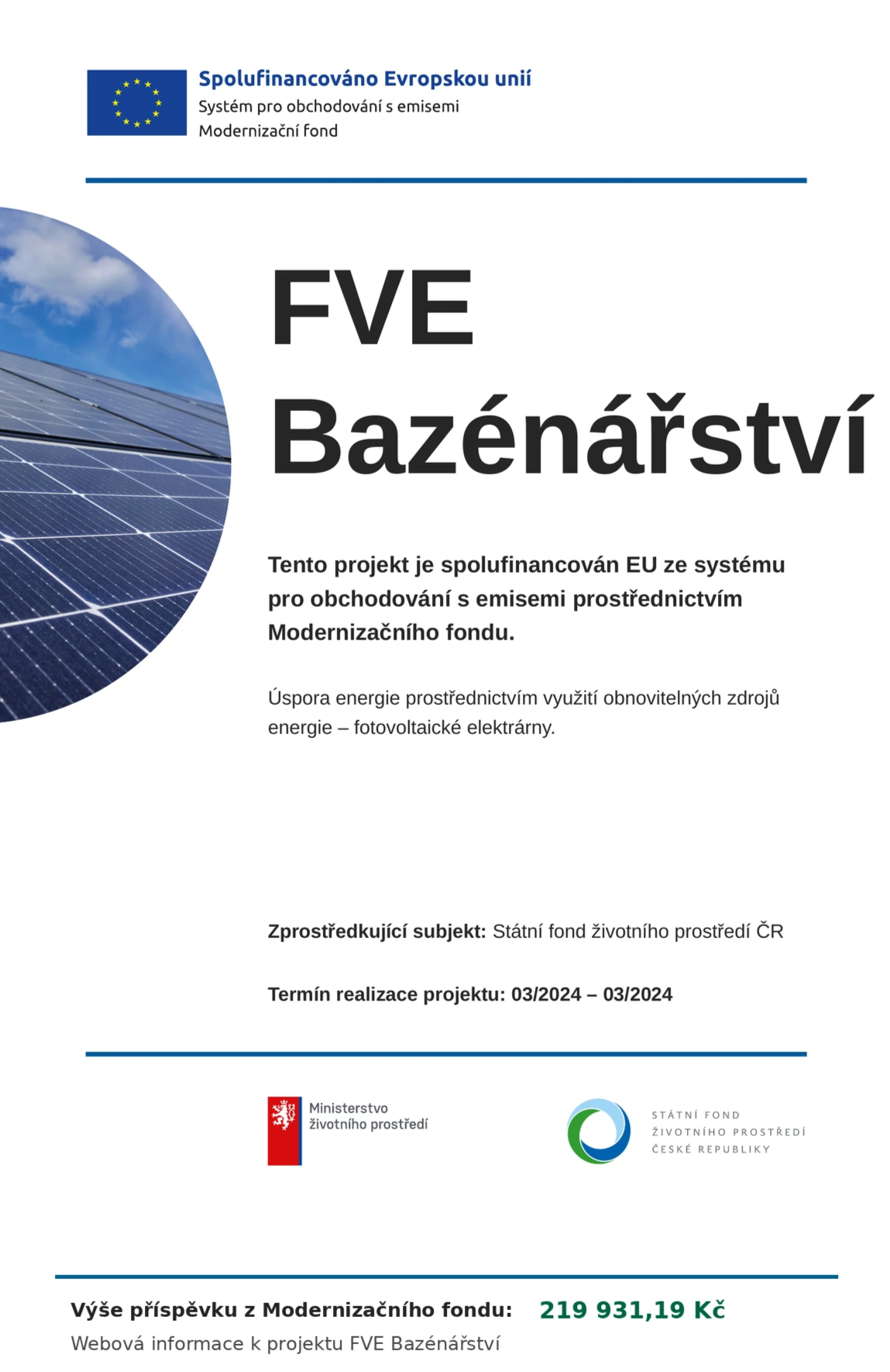 Spolufinancování FVE Bazénářství Evropskou unií